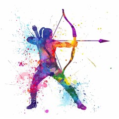 Fototapeta premium A colorful watercolor illustration depicts a archer drawing a bow, with splashes of vibrant hues against a white background, creating a sense of dynamic motion.