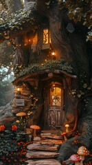 Fototapeta premium A whimsical office nestled within a giant tree, with vines and flowers adorning the walls and glowing mushrooms providing light.