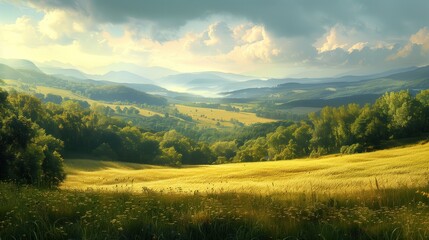 Obraz premium Beautiful summer landscape with meadow and forest on the hillside