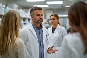 Fototapeta premium Doctors talking to pharmaceutical sales representative, presenting new pharmaceutical product. Hospital manager talking with doctors team, Generative AI