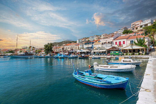 Samos Island, Greece - September 15, 2017 : Pythagoreio Harbour view. Pythagoreio is the most popular village in Samos Island.