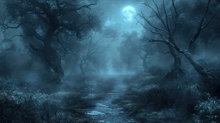 A creepy, foggy forest with twisted trees and a path leading to an unknown destination, illuminated by the faint light of a full moon, creating an atmosphere of mystery and dread.