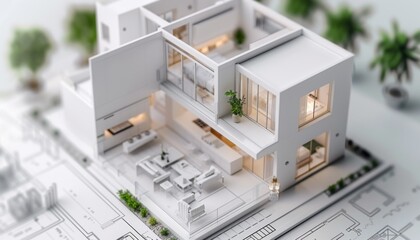 Creative 3D House Model on Architectural Floor Plan: Innovative Real Estate Marketing Concept. AI-Generated Visualization for Property Investment, Home Viewing, and Estate Planning with Detailed Vill