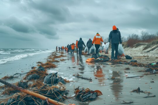 Volunteers at the beach during community clean-up day, with copy space