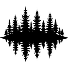 Reflection in water, pine tree forest vector silhouette