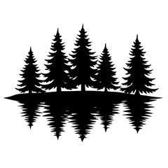 Obraz premium Reflection in water, pine tree forest vector silhouette