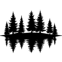 Reflection in water, pine tree forest vector silhouette