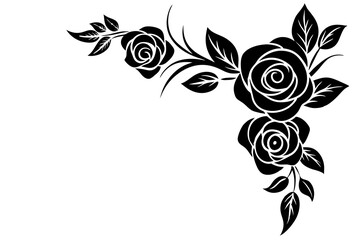 Delicate floral corner element featuring roses and leaves with fine line art vector silhouette