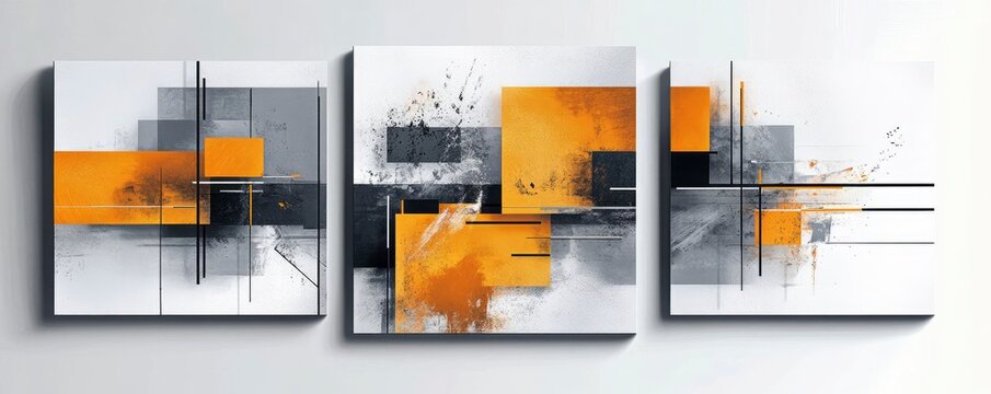 Abstract modern wall art with three square panels, orange and grey colors, white background, geometric shapes