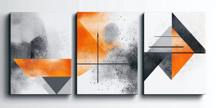 Abstract modern wall art with three square panels, orange and grey colors, white background, geometric shapes