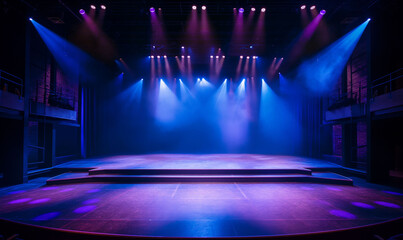  Empty Stage with Blue and Purple Lights Creating a Dramatic and Anticipatory Atmosphere