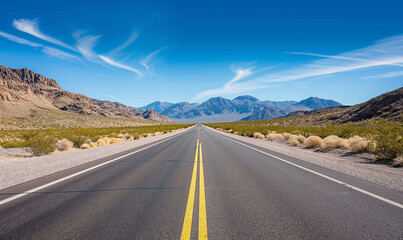 Fototapeta premium Long Straight Desert Road Leading to Mountains Under Blue Sky