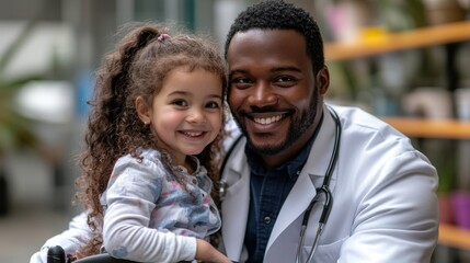 Fototapeta premium Young multiracial doctor having fun with little girl on wheelchair, Generative AI