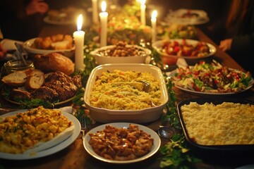 Obraz premium Community potluck dinner table full of diverse dishes, with copy space