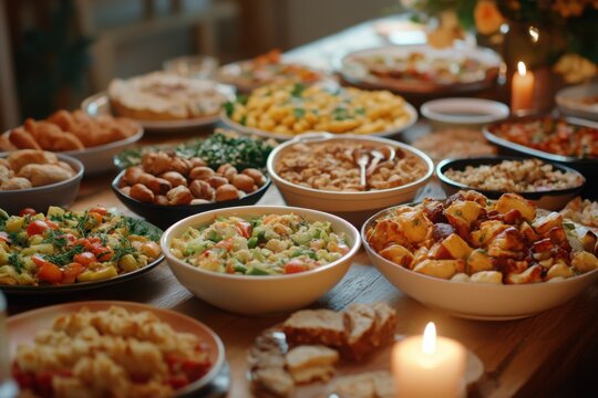 Community potluck dinner table full of diverse dishes, with copy space
