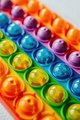 A row of colorful plastic balls with a rainbow pattern. The balls are all different colors and sizes, and they are arranged in a line. The image has a playful and cheerful mood, as the bright colors