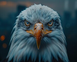 Obraz premium Bald eagle in patriotic sunglasses, American flag design, intense and proud expression, close-up, dark contrasting background,