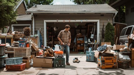 Man Sorting Through Clutter in Garage.