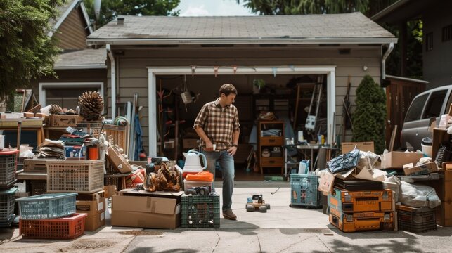 Man Sorting Through Clutter in Garage.