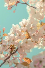 Delicate cherry blossoms bloom against a clear blue sky, their soft pink hues and gentle forms evoke feelings of tranquility and renewal.