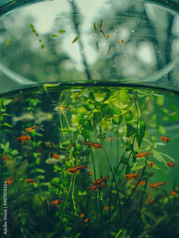 Poster a glass aquarium with a green plant and a few fish in it