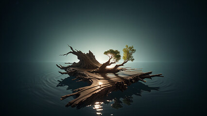 a tree floating in the water