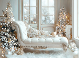 White Christmas Couch Inside Home Backdrop Generated with AI.