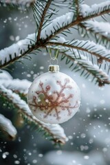 A white ornament with a snowflake design hangs from a tree branch. The snowflakes on the ornament are falling from the tree, creating a sense of winter magic and holiday cheer