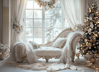White Christmas Couch with Window in Living Room Scene Generated with AI.