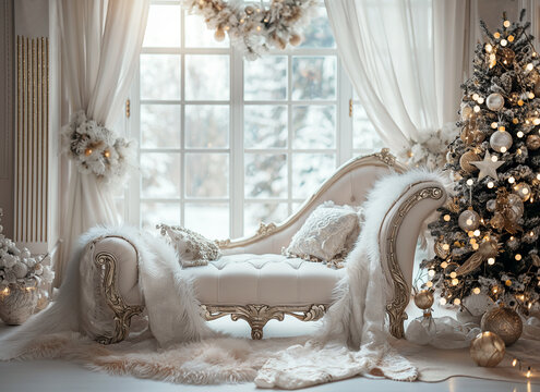 White Christmas Couch with Window in Living Room Scene Generated with AI.