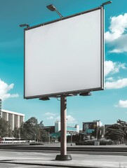 Fototapeta premium A large white billboard is standing in front of a city skyline. The billboard is empty, but it is a blank canvas for a company to advertise their products or services