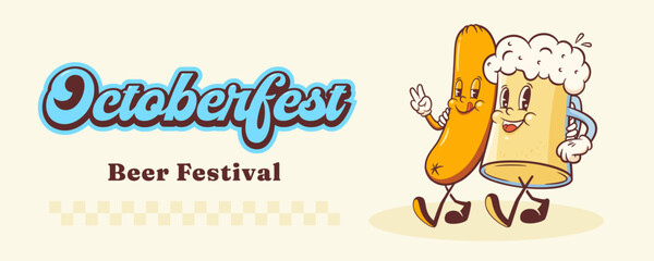 Groovy Beer Octoberfest Retro Characters Banner Illustration. Cartoon Glass Mug and Sausage Container Walking Smiling Vector Food Mascot Template Happy Vintage Cool Beverages Drawing