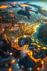 A close up of the United States of America with a glowing map of the country. The map is lit up with a warm orange glow, giving the image a sense of warmth and comfort