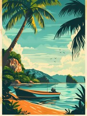 Serene tropical beach with a boat anchored by the shore, surrounded by lush palm trees and clear blue waters under a bright sky.