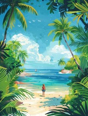 Naklejka premium A woman stands on a tropical beach surrounded by lush greenery, gazing at the turquoise ocean under a bright blue sky.