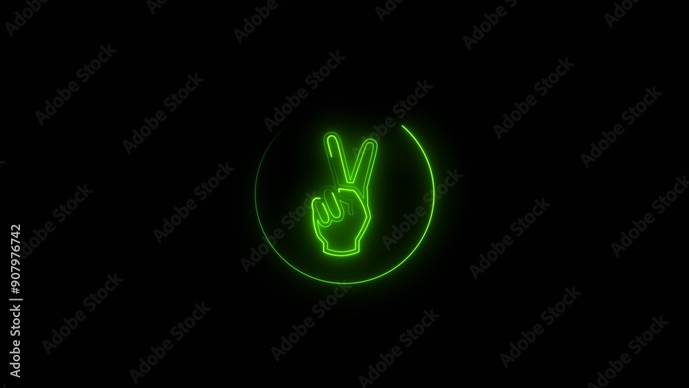 Wall mural abstract neon hand showing two finger icon green color 4k illustration on black background. hand ges