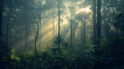 Obraz premium Passage over scenic, sunlit evergreen mountains shrouded in mist, aerial shot, Pure Lake, Magical Mountain, Scenic view of lake and mountains against sky, Morning atmosphere with early morning mist