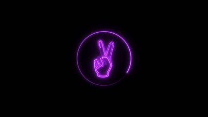 Abstract neon hand showing two finger icon magenta color 4k illustration on black background. Hand gesture v sign for victory magenta circle 4k illustration.