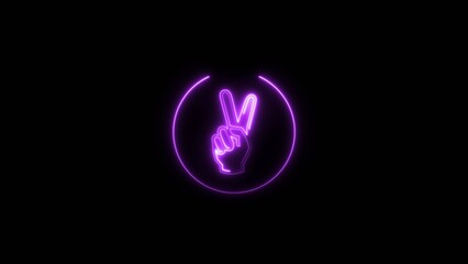 Abstract neon hand showing two finger icon magenta color 4k illustration on black background. Hand gesture v sign for victory magenta circle 4k illustration.