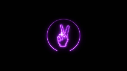Abstract neon hand showing two finger icon magenta color 4k illustration on black background. Hand gesture v sign for victory magenta circle 4k illustration.
