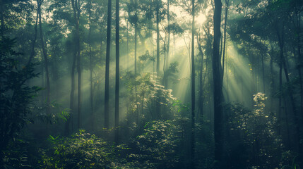 Obraz premium Passage over scenic, sunlit evergreen mountains shrouded in mist, aerial shot, Pure Lake, Magical Mountain, Scenic view of lake and mountains against sky, Morning atmosphere with early morning mist