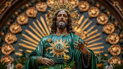 Obraz premium Majestic statue of jesus christ wearing a crown and green robe, standing inside a church with an ornate gold background