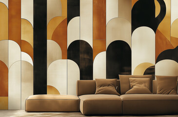 Obraz premium An art deco modern wall mural behind a long sectional sofa - a modernist interior with a wall pattern in caramel, brown, black, ochre shapes with arcs and fine finishes and detail
