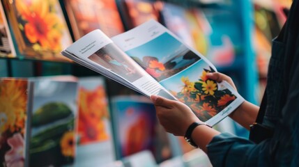 Person Browsing Through Magazine with Colorful Pictures.