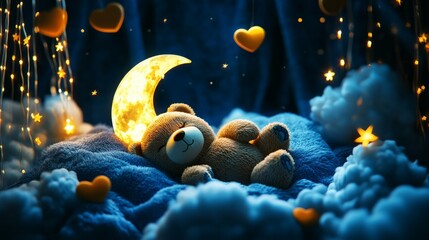 A cute teddy bear sleeping on the crescent moon, surrounded by floating blue clouds and twinkling stars in the style of cartoon. 