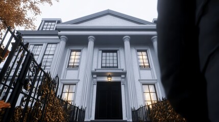 A gothic mansion with iron gates, overgrown vines, and ghostly lights in the windows, high-resolution photo, realistic photo