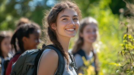 Fototapeta premium A smiling girl with a backpack and a girl with a backpack behind her