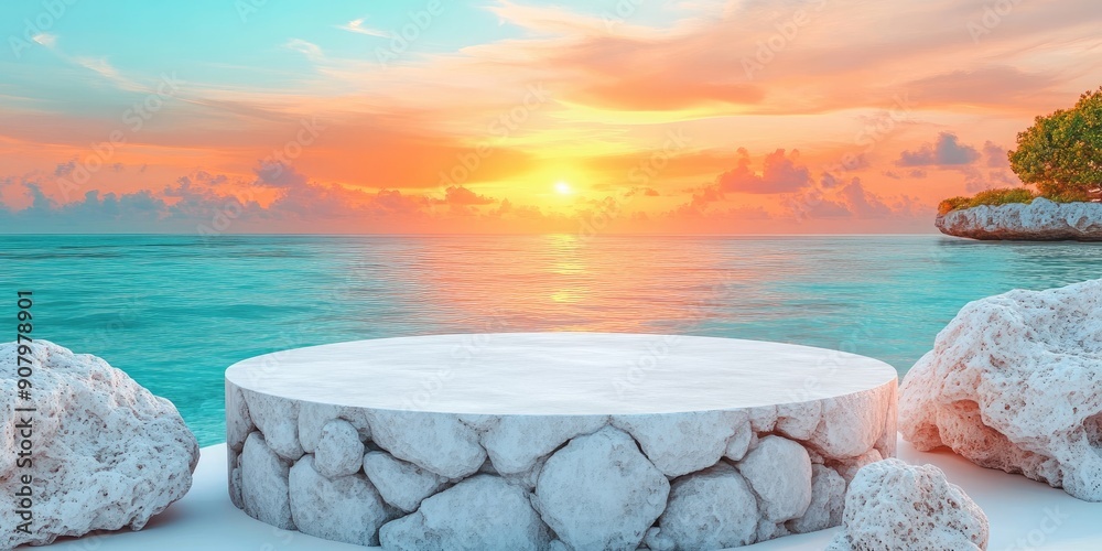 Wall mural White Stone Platform at Sunset Over Ocean