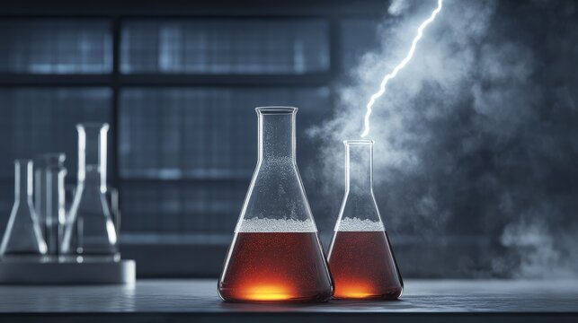 A mad scientists lab with strange contraptions, bubbling beakers, and lightning flashes, high-resolution photo, realistic photo