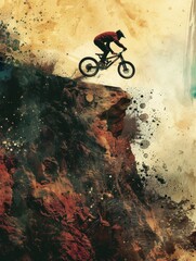 A mountain biker descends a steep, rocky cliff with dramatic splatters and textures creating a dynamic, adventurous scene.